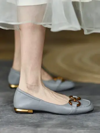 真皮平底一脚蹬单鞋女2023年夏季新款软底方头低跟四季瓢鞋小皮鞋商品大图