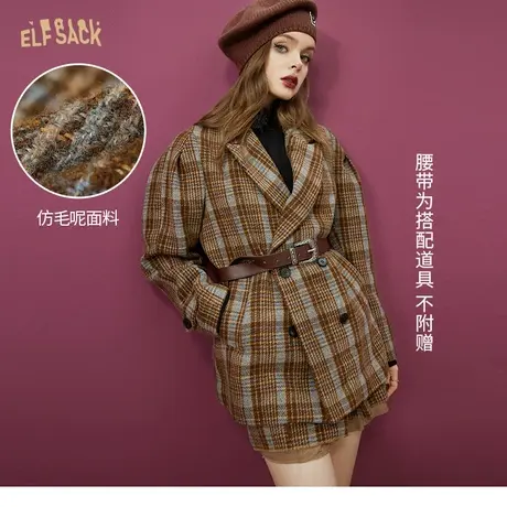 妖精的口袋复古格纹毛呢西装外套女2022秋冬新款学院风休闲小西服图片