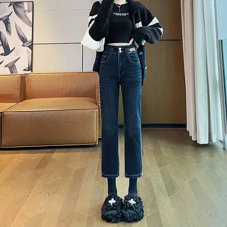 蓝色高腰直筒牛仔裤女2024年春秋新款小个子显瘦九分法棍烟管裤子商品大图