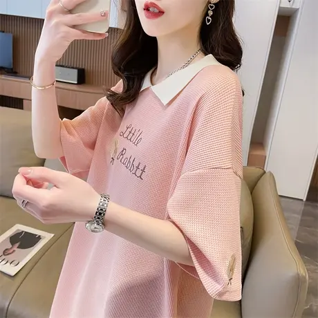 翻领polo衫短袖t恤女夏季韩版宽松大码女装中长款小众设计感上衣商品大图