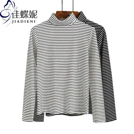 秋冬新款韩版高领条纹针织衫长袖T恤纯色简约打底衫休闲女装宽松商品大图