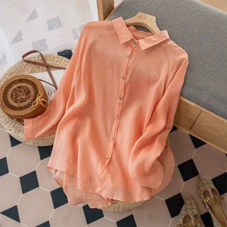 中长款苎麻衬衫女盐系衬衣复古港味纯色棉麻上衣夏天薄款2022新款商品大图