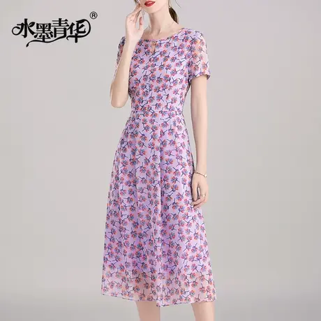 【1件7.9折】女装新款时尚舒适花色裙子短袖大摆型中长款连衣裙夏商品大图