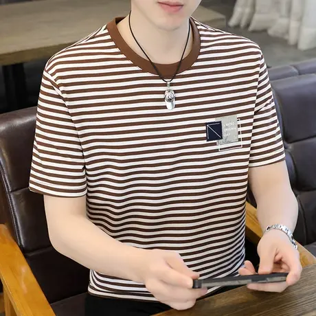 纯棉短袖t恤男款夏季潮牌宽松半袖青少年上衣服男生条纹冰丝体恤商品大图