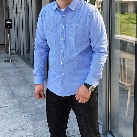 春秋新款淡蓝小格子商务大号潮胖子加肥加大码男士长袖衬衫衬衣商品大图