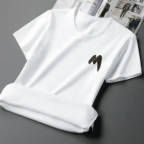 白色短袖t恤男装潮牌加绒加厚保暖上衣服潮流圆领半袖打底衫体恤图片