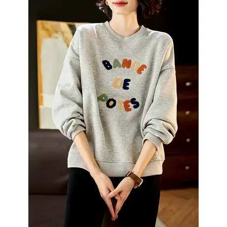 宝诗黎圆领字母刺绣加绒卫衣女早春落肩长袖棉质百搭上衣2024新款商品大图