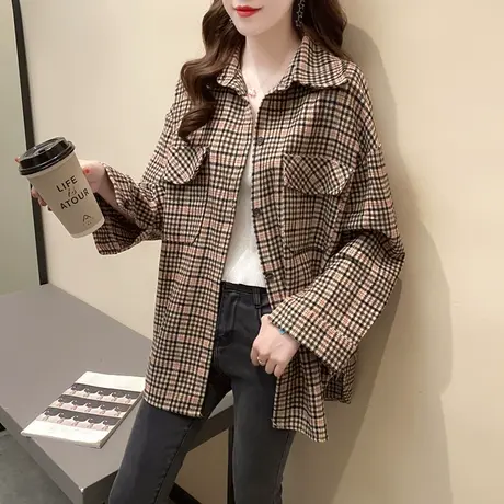 POLO领格子衬衫女加厚上衣2023秋冬新款韩版宽松百搭衬衣外套潮流图片