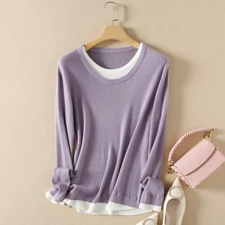 美丽诺羊毛针织假两件春装女2024新款宽松软糯内搭打底衫外套毛衣商品大图