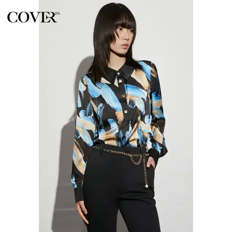 COVER2023年春款舒爽光泽缎面直身廓形上衣撞料设计衬衫图片