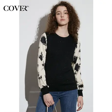COVER春季针织拼接印花灯笼袖上衣商品大图