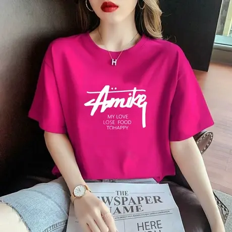 火龙果色t恤女短袖夏装2024年新款宽松大码纯棉体恤半袖上衣ins潮商品大图