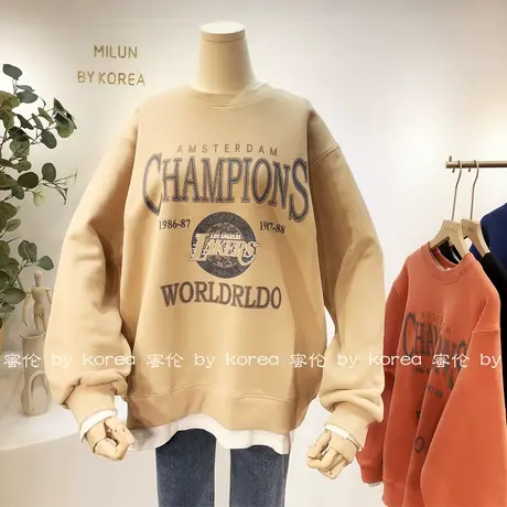 韩国东大门2020秋冬款宽松古着感复古字母假两件套装卫衣加绒大码图片