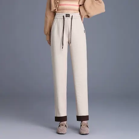 厚款休闲裤女秋冬2023新款松紧腰抽绳卷边哈伦裤小个子直筒萝卜裤商品大图