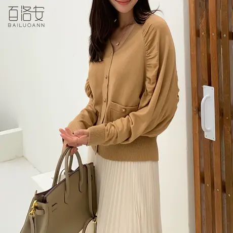 百洛安蝙蝠袖V领针织开衫女秋装新款设计感收褶毛衣宽松长袖外搭图片