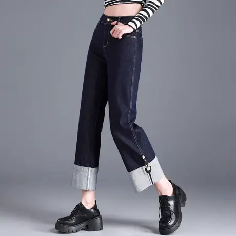 小直筒牛仔裤女2023年新款秋冬烟管翻边卷边裤子九分小个子阔腿裤图片
