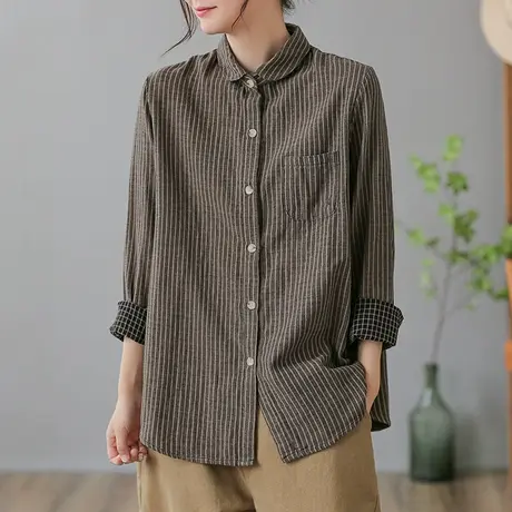 dza 复古竖条纹翻领衬衣女短款纯棉衬衫春秋新款休闲宽松长袖上衣图片