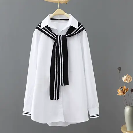 春装2024新款假两件带披肩白衬衫女中长款休闲时尚洋气百搭衬衣女商品大图