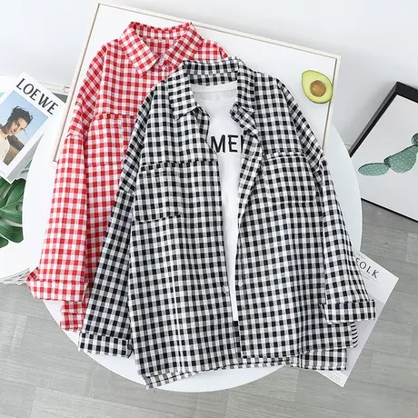 春秋新款韩版宽松显瘦黑白格子长袖衬衫女学生衬衣百搭简约上衣棉商品大图