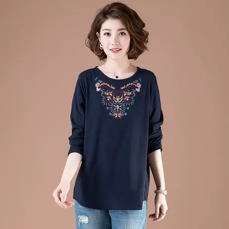 纯棉长袖t恤女春秋加肥加大码女装宽松刺绣中年妈妈装全棉打底衫商品大图
