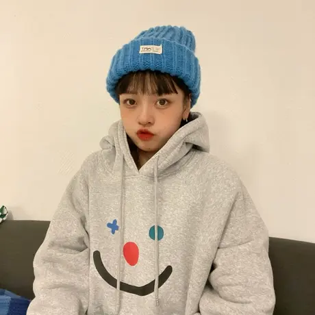 红续笑脸加绒加厚连帽白色卫衣女oversize情侣款外套2023年新款商品大图