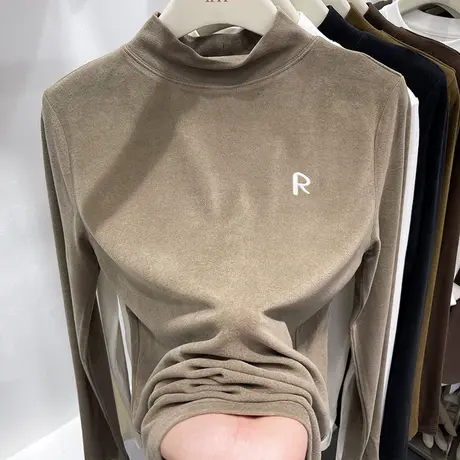 修身半高圆领弹力丝绒长袖打底衫女秋季新款简约内搭T恤百搭上衣商品大图