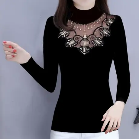 2023春秋装新款V领网纱打底衫女内搭黑色T恤时髦洋气小衫蕾丝上衣商品大图