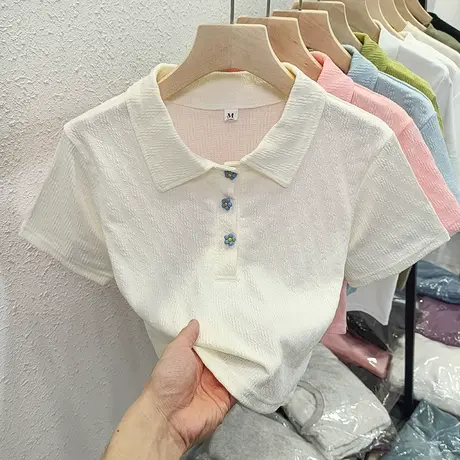 POLO衫短袖T恤女夏装百搭修身显瘦打底衫 小个子短款半袖正肩上衣商品大图