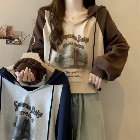 ins超火插肩长袖边帽卫衣女春秋薄款宽松小个子短款V领潮牌上衣服商品大图