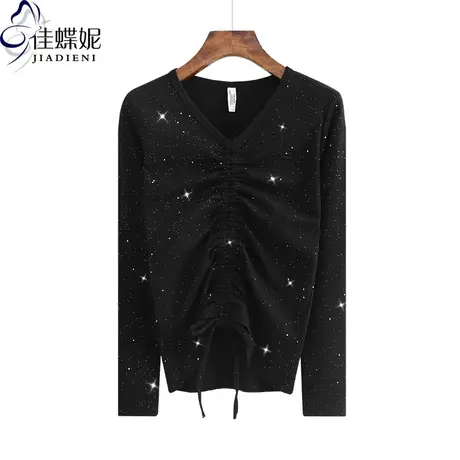 春秋新款V领修身抽绳纯棉星空上衣女打底衫体恤内搭亮片闪闪长袖图片