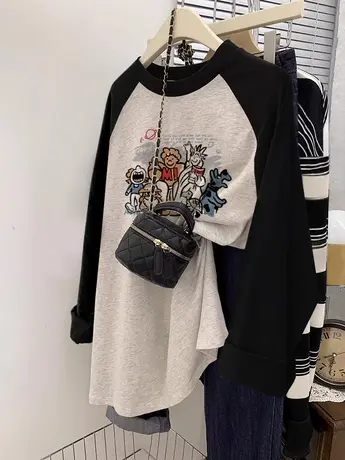 卡通休闲插肩袖上衣韩版chic大码薄款长袖t恤女ins潮内搭打底衫秋商品大图