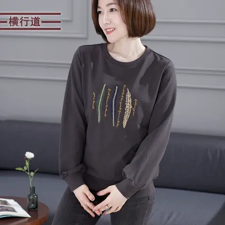 大码胖mm春装卫衣女2024新款百搭纯色绣花圆领打底衫长袖女装春季商品大图