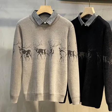 小鹿提花假两件毛衣男衬衫领秋冬时尚潮流休闲打底保暖带领针织衫商品大图