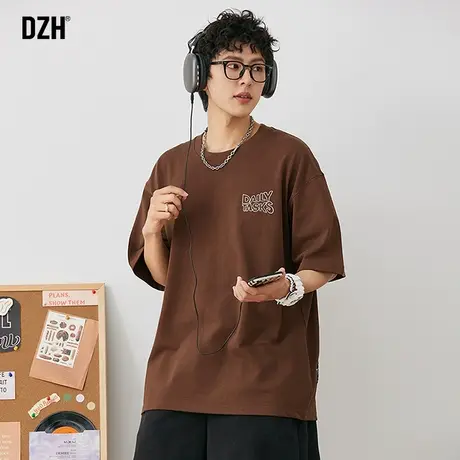 男士咖啡色t恤男短袖重磅纯棉体恤2023新款刺绣圆领上衣半袖男款商品大图