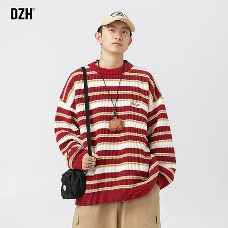 青少年撞色条纹圆领毛衣男宽松慵懒风秋冬针织衫毛线衣2023年新款商品大图