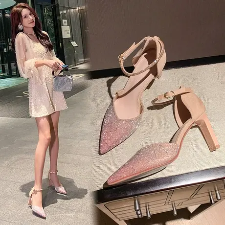 法式粗跟高跟鞋女2024新款春季尖头一字带设计感小众婚鞋伴娘单鞋图片