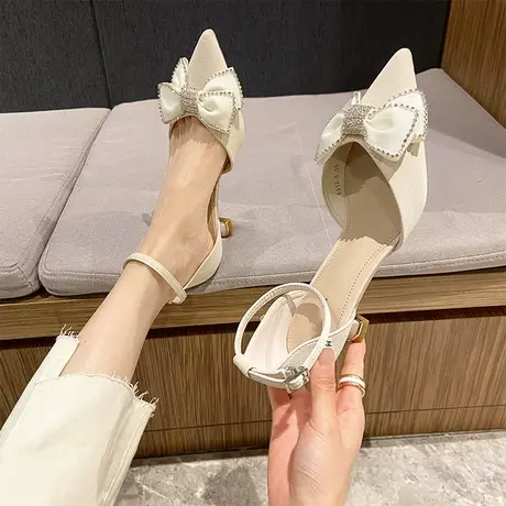 高跟鞋女夏季2024年新款包头一字带细跟单鞋设计感蝴蝶结尖头凉鞋商品大图
