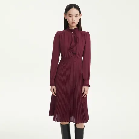 LANCY/悦朗姿秋季新款小立领连衣裙子女同期高级收腰百褶裙奥莱图片