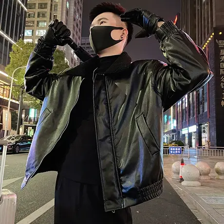 2023秋冬新款皮棉一体潮牌保暖毛领皮衣男款冬季修身翻领小外套图片