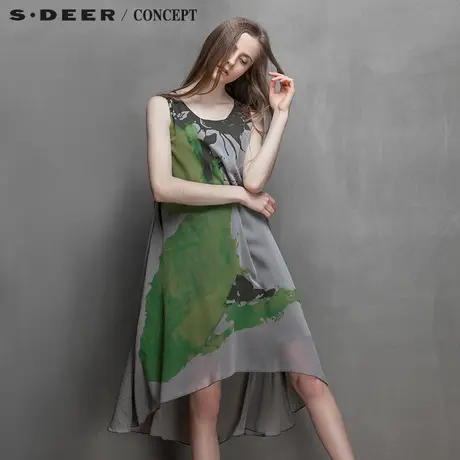 sdeer圣迪奥夏装灰绿印花宽松前后弧摆连衣裙S15281260图片