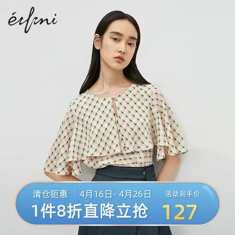 伊芙丽夏季新款潮格纹宽松雪纺衫显瘦飘逸小衫女1B4922331👹图片
