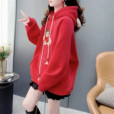 本命年红色加绒加厚连帽卫衣女秋冬2023新款宽松卡通刺绣减龄上衣商品大图