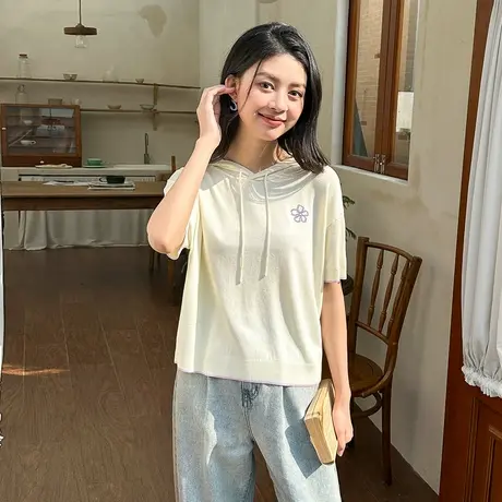 唐狮夏季连帽针织衫别致休闲短袖T恤女冰丝短款上衣设计感商品大图