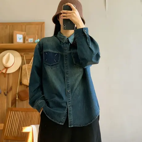 dza 复古polo领宽松牛仔衬衣女春秋新款显瘦上衣百搭短款休闲衬衫图片