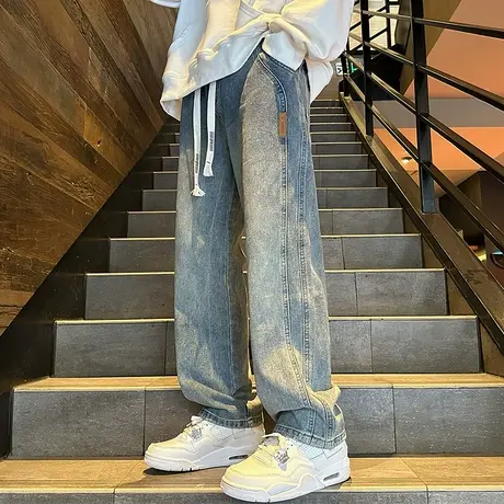 牛仔裤男春秋2024新款复古宽松直筒裤ins抽绳系带潮流休闲长裤子商品大图