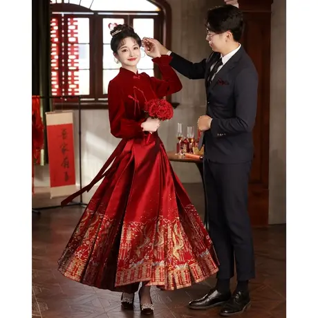 马面裙敬酒服2023新款新娘中式订婚裙礼服冬季长袖丝绒加厚秀禾服商品大图