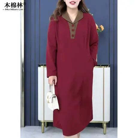胖mm大码显瘦连衣裙春秋加肥加大遮肉妈妈200斤红色新年打底长裙商品大图
