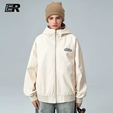 ER褶皱皮衣男2024春季新款美式潮牌高街连帽基础PU情侣装oversize图片