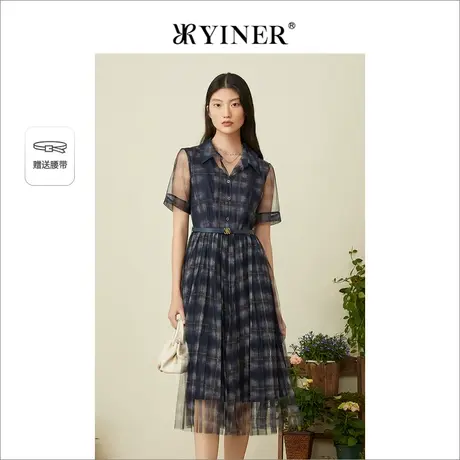 YINER音儿女装2022夏季收腰别致格子翻领雪纺连衣裙图片