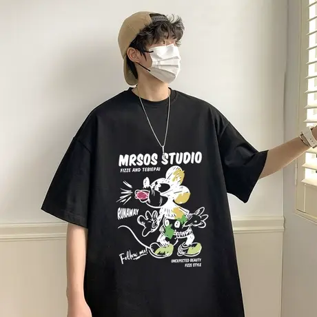 纯棉宽松短袖T恤男2024新款夏季米奇涂鸦男生oversize圆领体恤衫商品大图